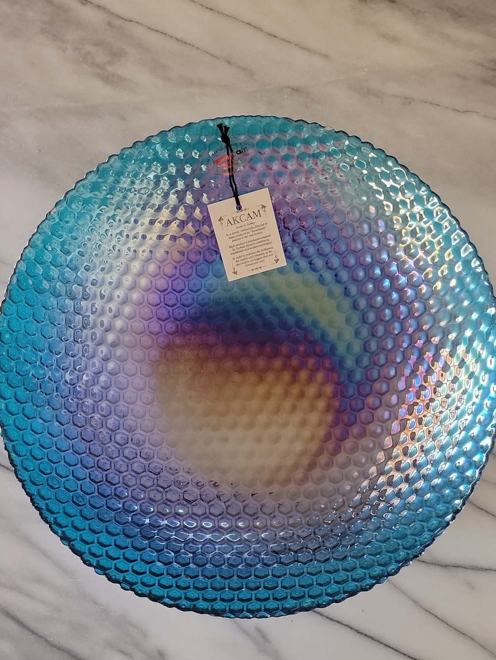 NWT AKCAM Blue to Purple Iridescent Glass Decorative Bowl